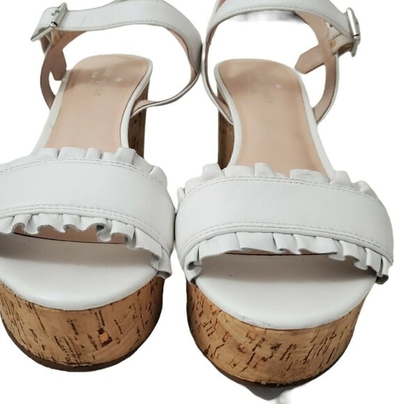 Kate Spade Tomas Wedges Sandals 8.5 White Cork Platform‎ Heel Leather Open-Toe - Picture 2 of 12